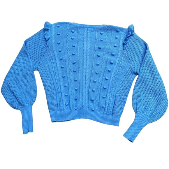 Lilly Pulitzer Greta Size L V-Neck Cable Knit Sweater Blue Boho Feminine Ruffle - Picture 10 of 16